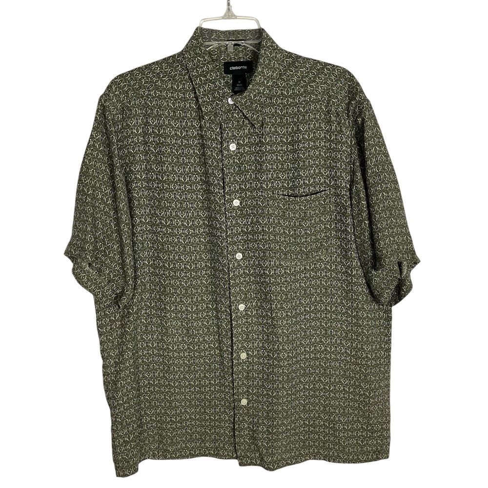 Claiborne Silk Geometric Green Shirt Mens Size M Button Front